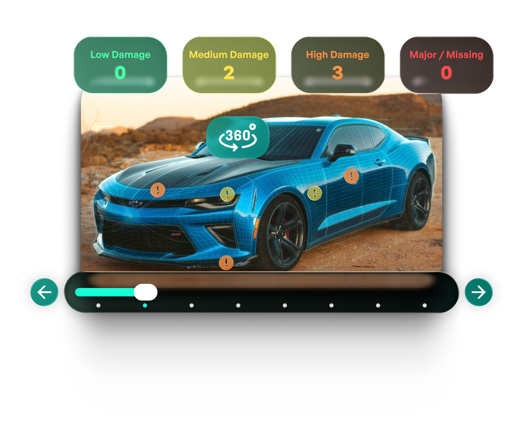 Example damage summary and 360-degree inspection viewer