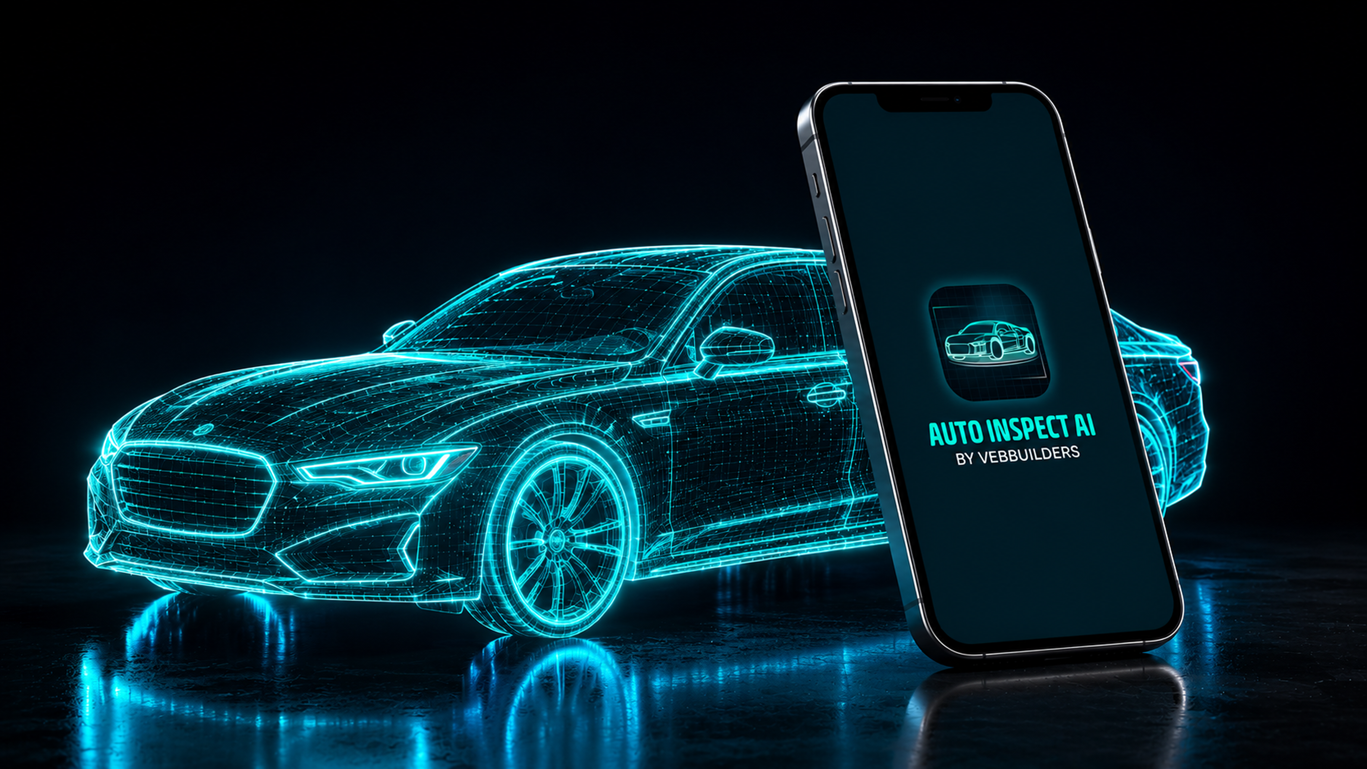 Auto Inspect AI phone beside a vehicle visualized in a cyan wireframe